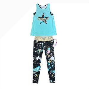 Justice Girls Turquoise Gymnast Star Tank Top & Black Paint‎ Splatter Leggings